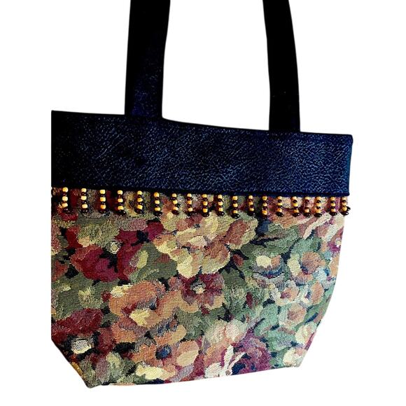 Hand Crafted Handbags - Jacquard Floral design Shoulder Purse with beaded fringe & black patterned top.